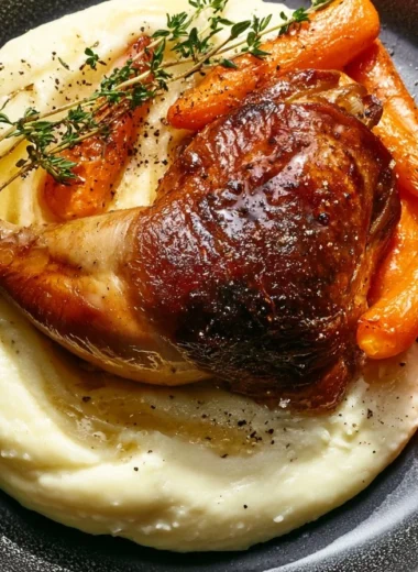 Crispy duck confit served with herbs and vegetables