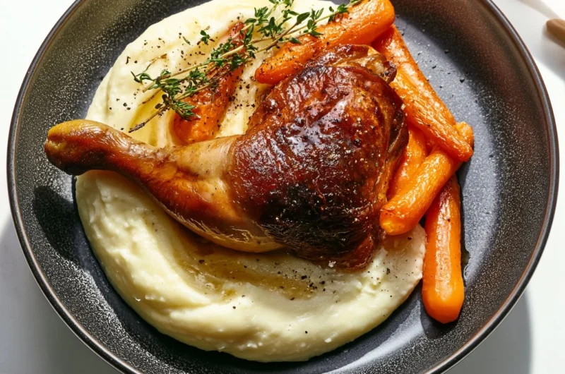 Crispy duck confit served with herbs and vegetables