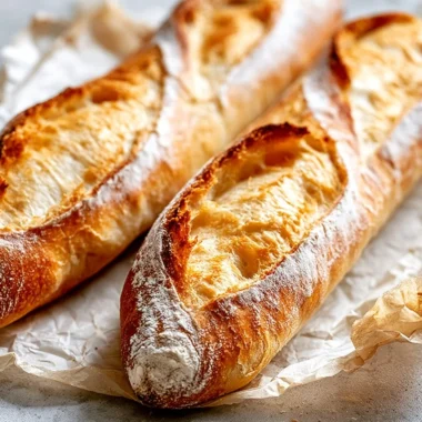 Freshly baked crispy French baguette on a wooden table