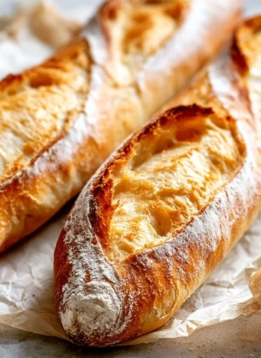 Freshly baked crispy French baguette on a wooden table