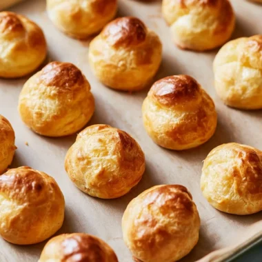Delicious crispy gougères filled with French cheese on a serving platter.