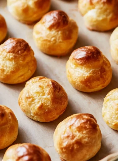 Delicious crispy gougères filled with French cheese on a serving platter.