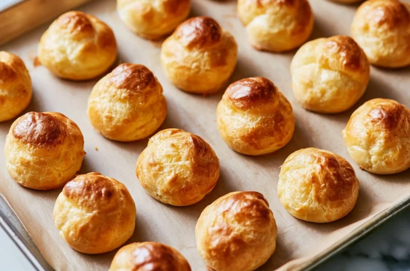 Delicious crispy gougères filled with French cheese on a serving platter.