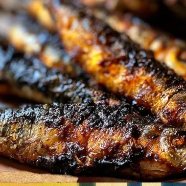 Plate of crispy grilled sardines garnished with fresh herbs and lemon