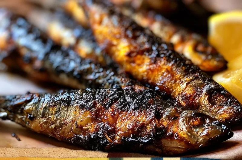 Plate of crispy grilled sardines garnished with fresh herbs and lemon