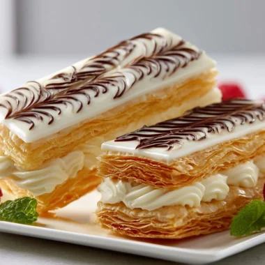 Crispy Mille-Feuille Napoleon pastry showcasing layered flaky texture and cream.