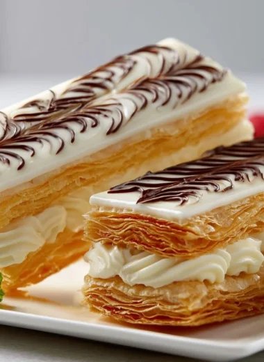 Crispy Mille-Feuille Napoleon pastry showcasing layered flaky texture and cream.