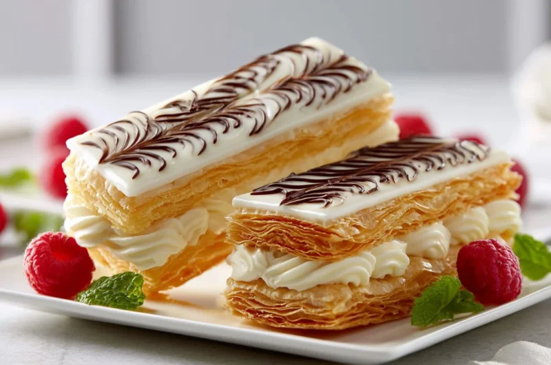 Crispy Mille-Feuille Napoleon pastry showcasing layered flaky texture and cream.