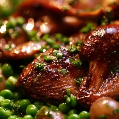 Crispy pigeon served with vibrant green peas, a gourmet dish.