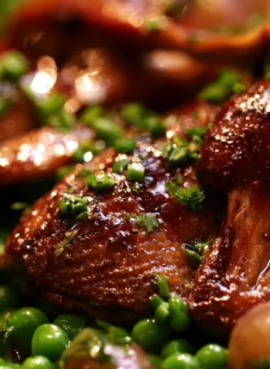 Crispy pigeon served with vibrant green peas, a gourmet dish.