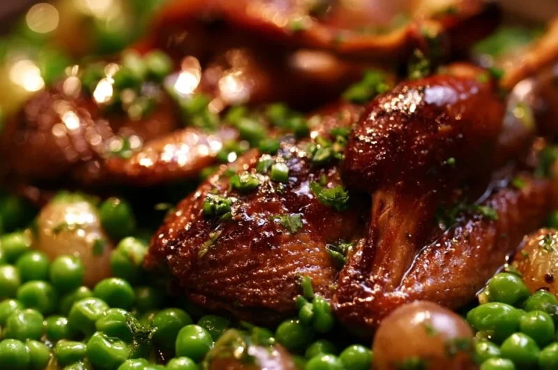 Crispy pigeon served with vibrant green peas, a gourmet dish.