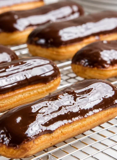 Delicious homemade classic French éclairs topped with shiny chocolate glaze.