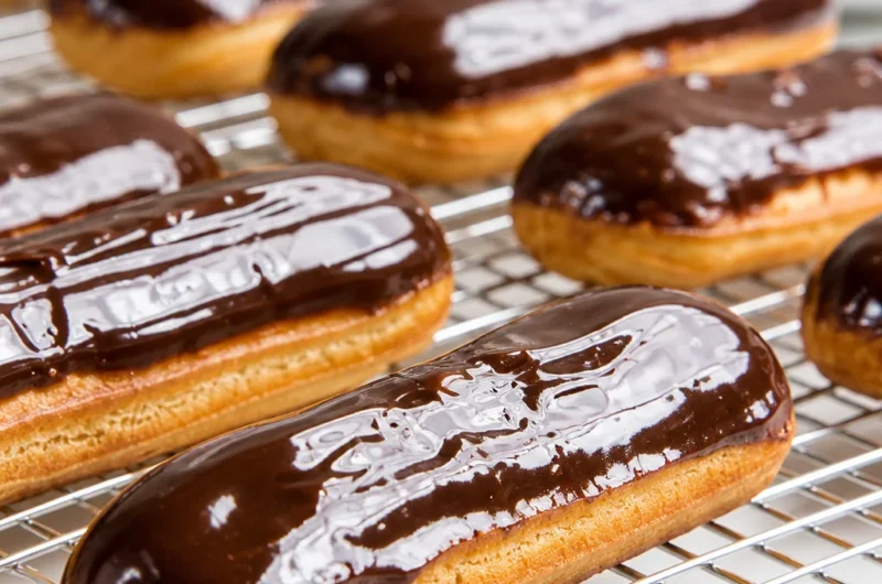 Delicious homemade classic French éclairs topped with shiny chocolate glaze.