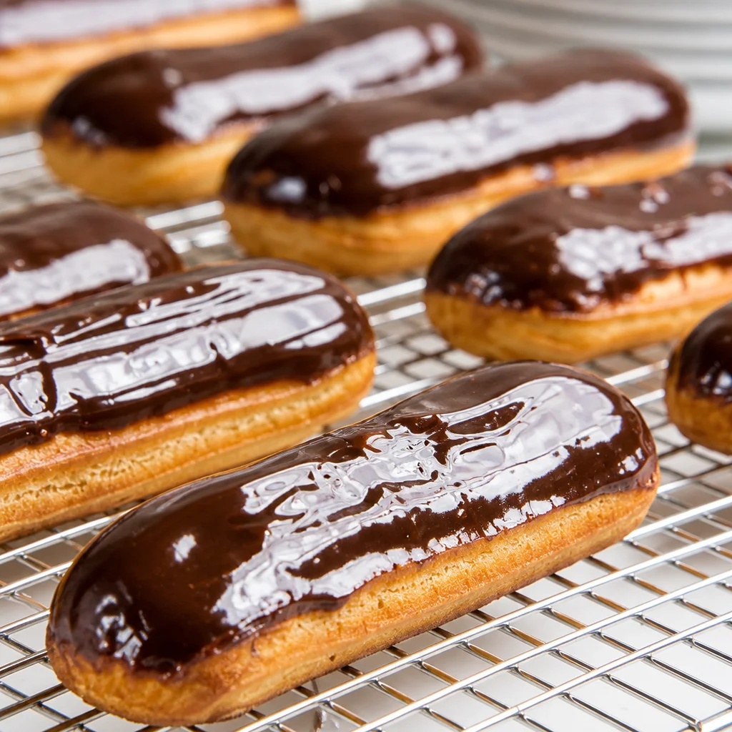 Delicious homemade classic French éclairs topped with shiny chocolate glaze.