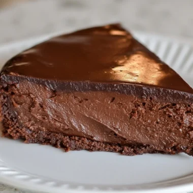 Rich and moist Decadent French Chocolate Cake topped with chocolate ganache