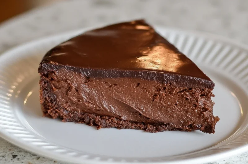 Rich and moist Decadent French Chocolate Cake topped with chocolate ganache