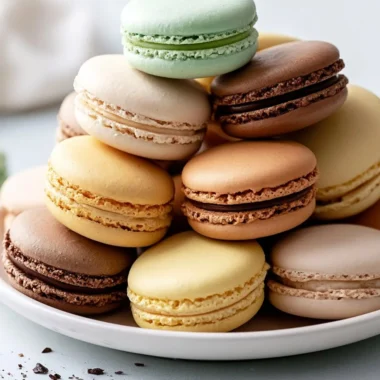 A plate of colorful homemade French macarons displayed elegantly.