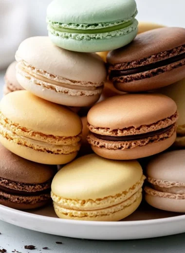 A plate of colorful homemade French macarons displayed elegantly.