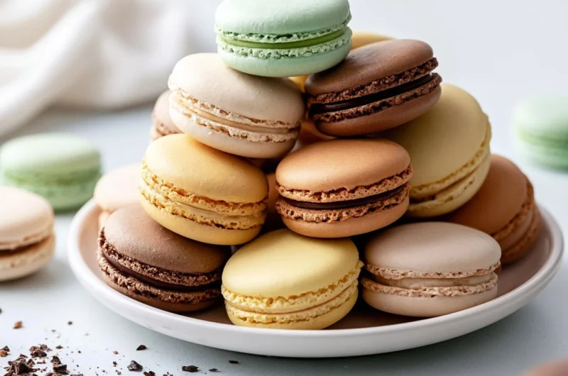 A plate of colorful homemade French macarons displayed elegantly.