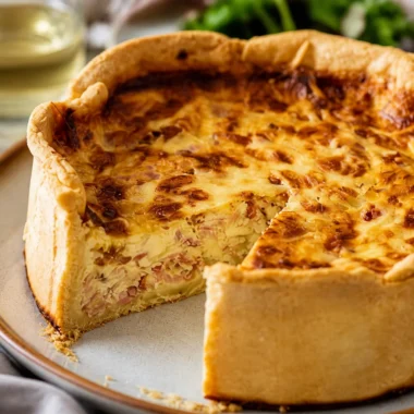 Slice of Traditional French Quiche Lorraine with crispy bacon and creamy filling.