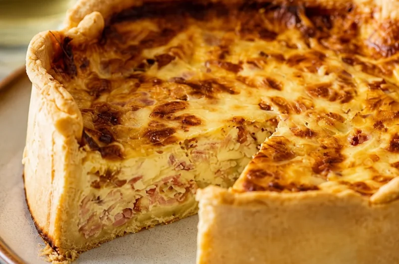 Slice of Traditional French Quiche Lorraine with crispy bacon and creamy filling.