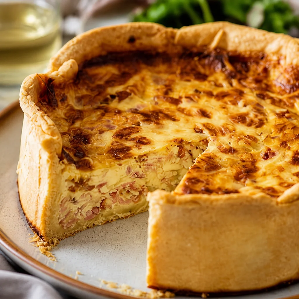 Slice of Traditional French Quiche Lorraine with crispy bacon and creamy filling.