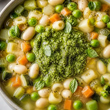 Bowl of traditional French Soupe au Pistou garnished with fresh herbs and vegetables.