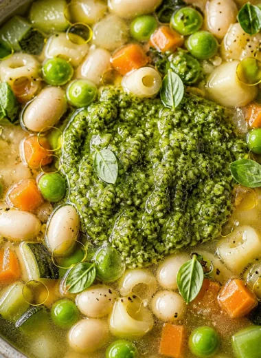 Bowl of traditional French Soupe au Pistou garnished with fresh herbs and vegetables.