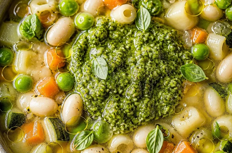 Bowl of traditional French Soupe au Pistou garnished with fresh herbs and vegetables.