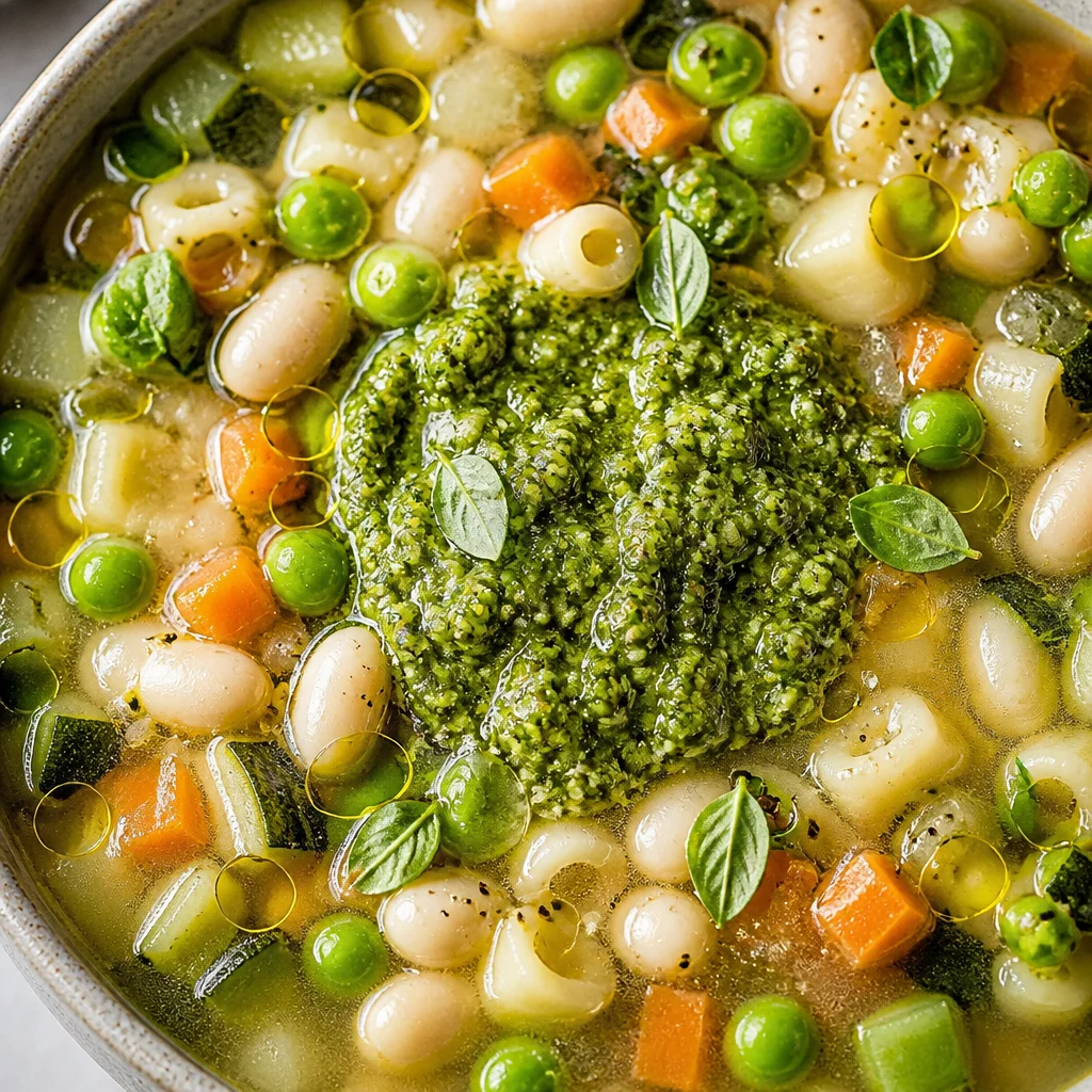 Bowl of traditional French Soupe au Pistou garnished with fresh herbs and vegetables.