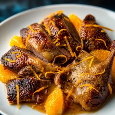 Deliciously Easy French Duck à l'Orange plated with orange sauce and garnished.