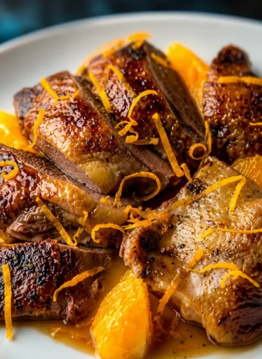 Deliciously Easy French Duck à l'Orange plated with orange sauce and garnished.