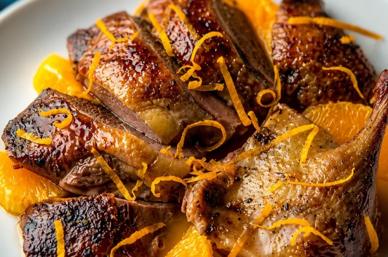Deliciously Easy French Duck à l'Orange plated with orange sauce and garnished.