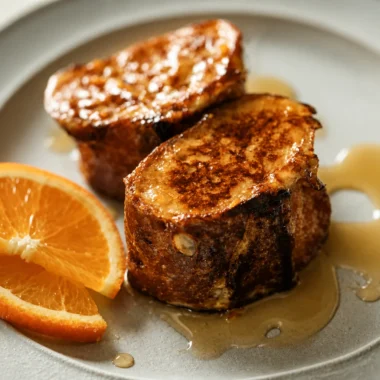 Deliciously Easy French Pain Perdu Recipe served with maple syrup on a plate.