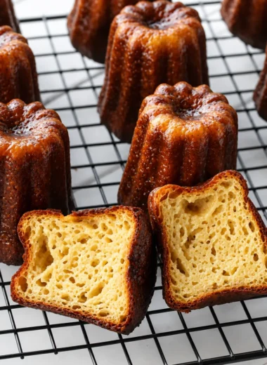 Traditional French Canelés from Bordeaux with a caramelized crust and custard center.