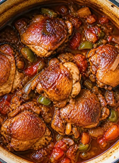 Savory French Poulet Basquaise Recipe with chicken, peppers, and tomatoes in a rustic style.