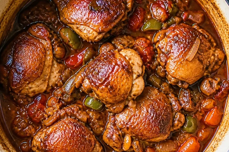 Savory French Poulet Basquaise Recipe with chicken, peppers, and tomatoes in a rustic style.