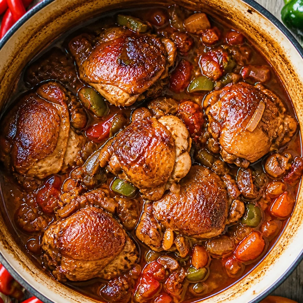 Savory French Poulet Basquaise Recipe with chicken, peppers, and tomatoes in a rustic style.