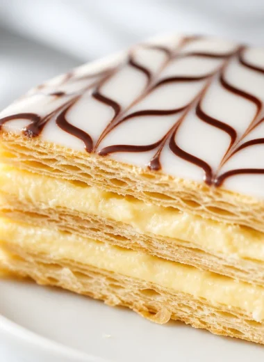 Layers of flaky puff pastry in a Simple French Mille-Feuille (Napoleon Pastry).