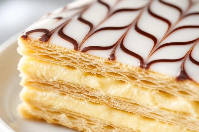 Layers of flaky puff pastry in a Simple French Mille-Feuille (Napoleon Pastry).