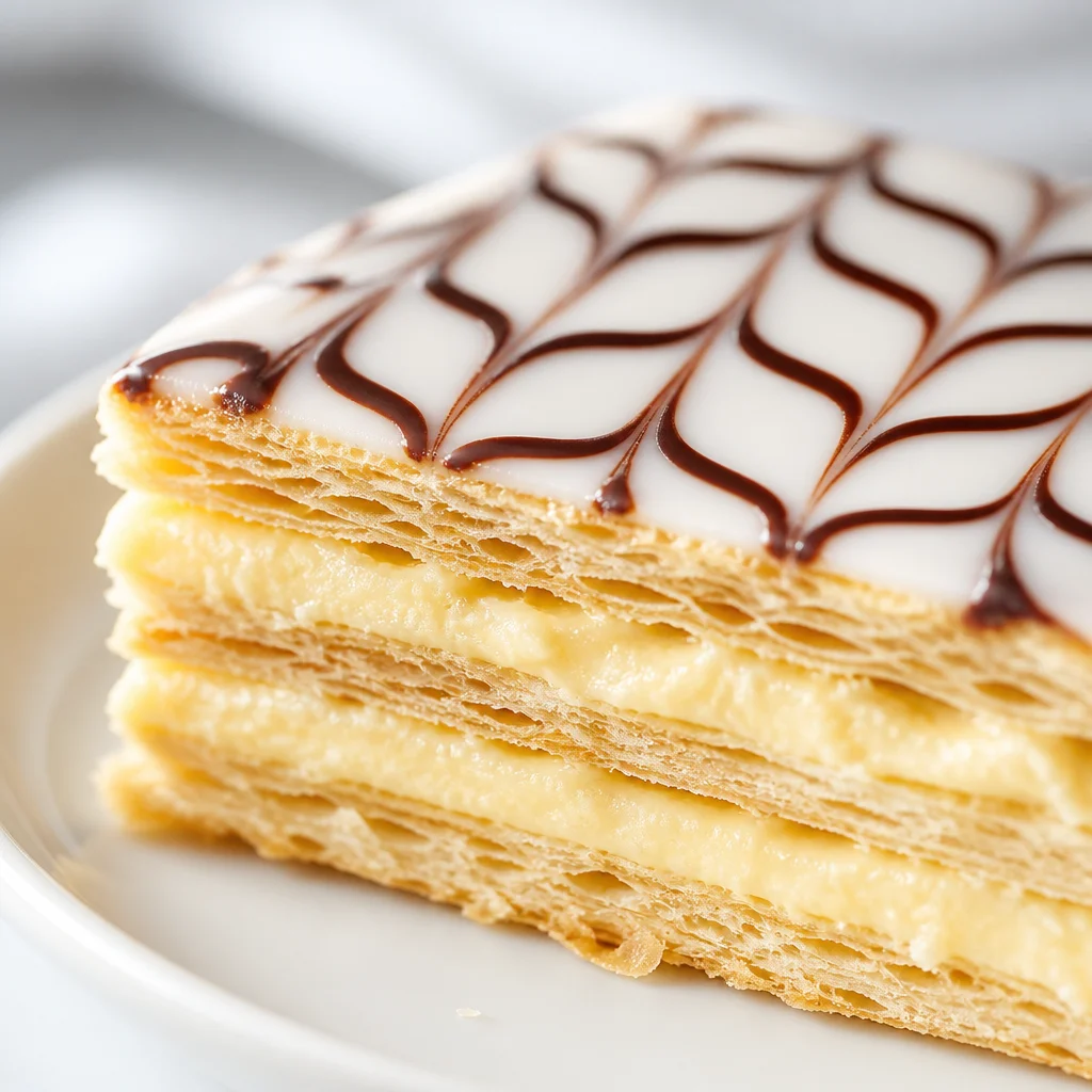 Layers of flaky puff pastry in a Simple French Mille-Feuille (Napoleon Pastry).