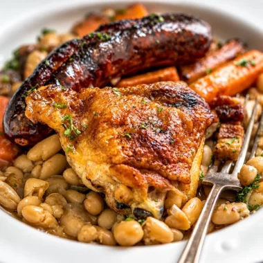 Traditional French Cassoulet with sausage, pork, and white beans in a pot.