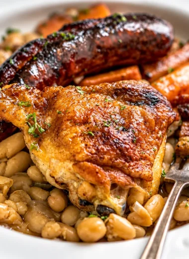 Traditional French Cassoulet with sausage, pork, and white beans in a pot.
