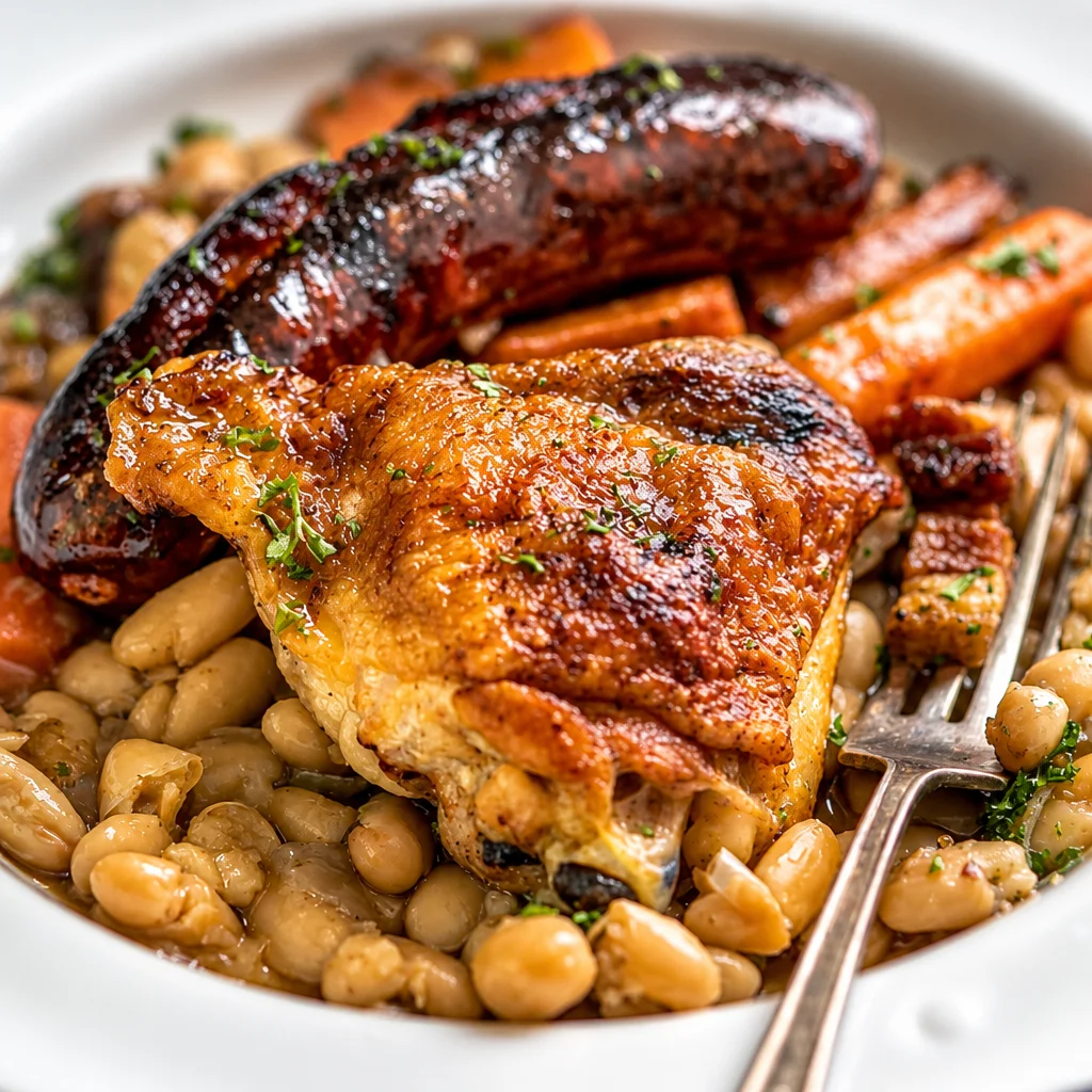 Traditional French Cassoulet with sausage, pork, and white beans in a pot.
