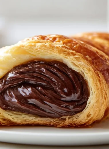 Flaky Pain au Chocolat with chocolate filling on a plate