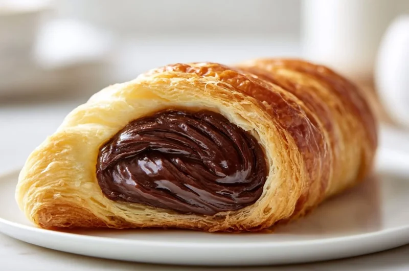 Flaky Pain au Chocolat with chocolate filling on a plate