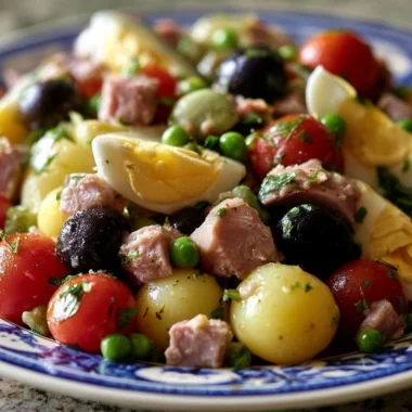A vibrant Salade Niçoise with fresh vegetables, tuna, and olives in a bowl.