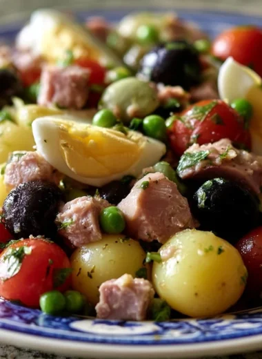 A vibrant Salade Niçoise with fresh vegetables, tuna, and olives in a bowl.