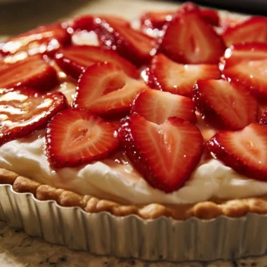 Fresh French strawberry tart topped with ripe strawberries and creamy pastry cream