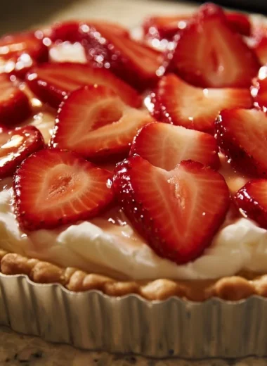 Fresh French strawberry tart topped with ripe strawberries and creamy pastry cream